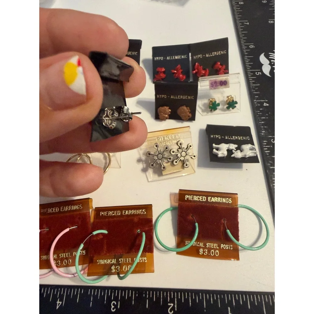 Vintage Deadstock Earring Lot Hypoallergenic Studs Enamel Hoops Animals 11 Pairs
